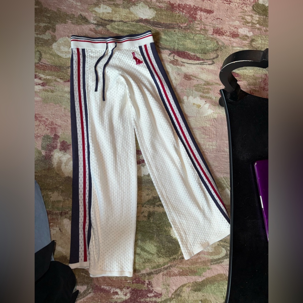 White Athletic Mesh Track Pants with Red & Navy Stripes